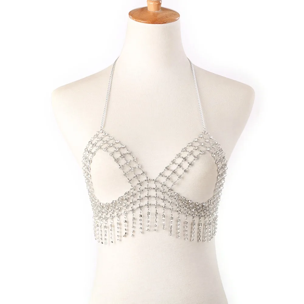 Diamond Sexy Chain Nightclub Party Underwear Bra Hollow Tassel Chain Accessories Gold Body Jewelry Chain