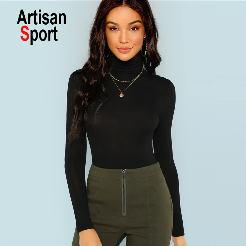 
sexy costumes Black Turtleneck Slim Fit T-shirt Office Ladies Plain High Neck Long Sleeve Tee Women Autumn Minimalist Tee 