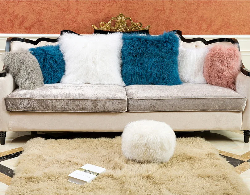 Grey Color Best Seller Custom Square Pouf Genuine Mongolian Lamb Skin Covers