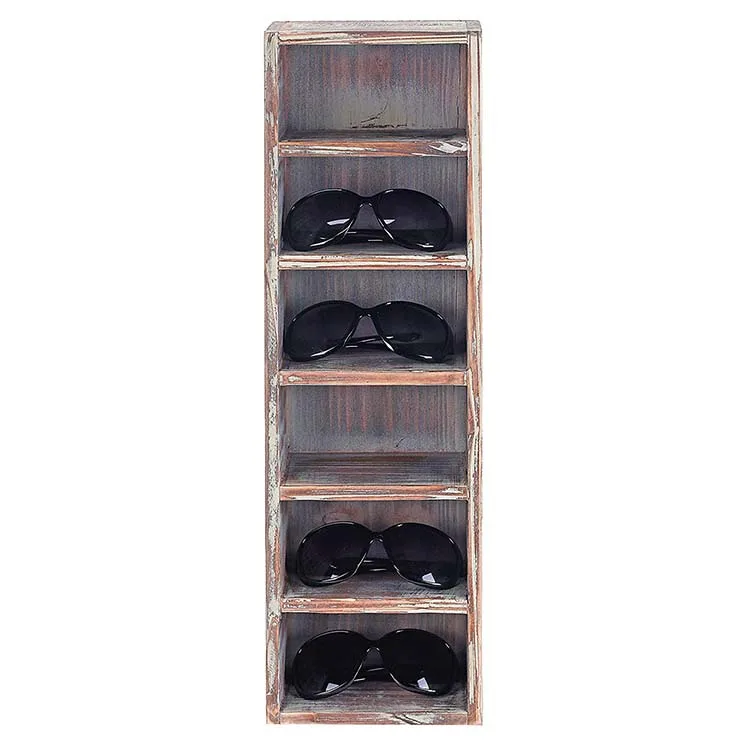 6-Slot Rustic Wooden Wall Mounted Vertical Storage Sunglasses Display Case Stand