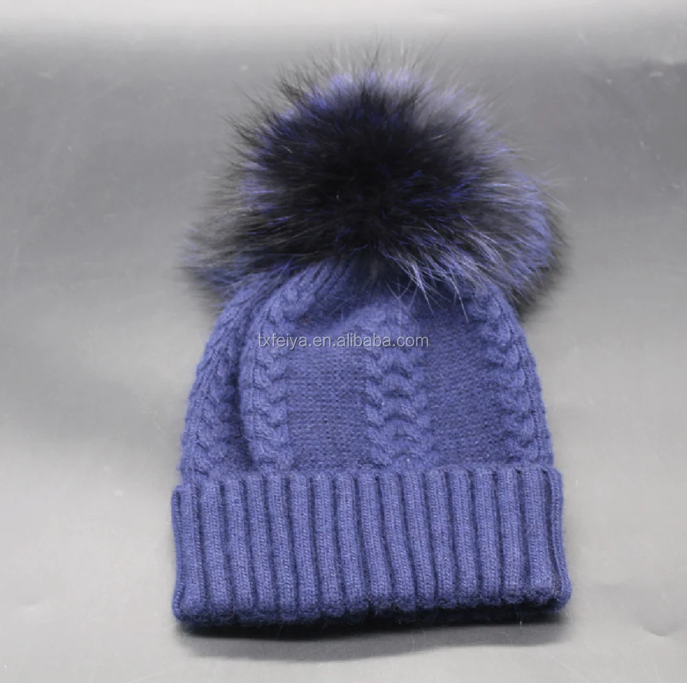 Classic style wholesale unisex wool knit beanie hat with raccoon fur pom poms