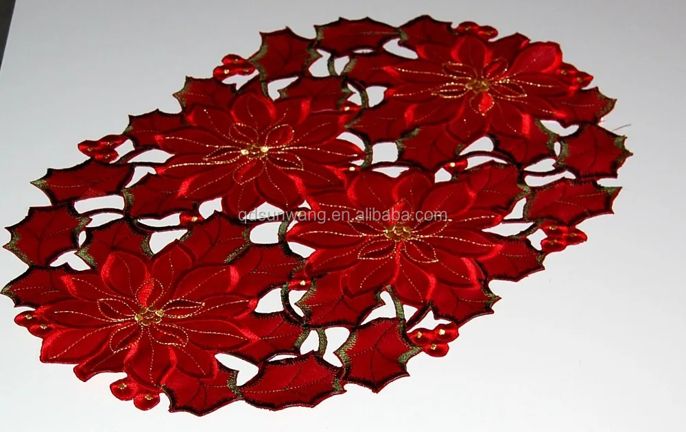 
christmas design embroidered doily and placemat with hand cutwork 