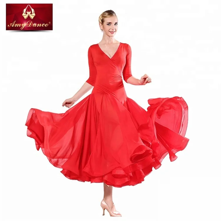 
High end puffy large hem v neck red flamenco ballroom dance wear women adult ballroom dance dress 