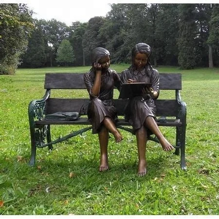 modern outdoor decoration bronze girl and boy reading on bench sculpture