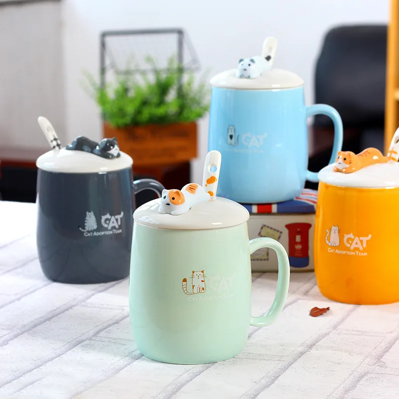Zogift Most Lovely Cute Cat Style Ceramic Lid Spoon Cartoon Creative Morning Mug Milk Coffee Tea Unique Porcelain Mugs