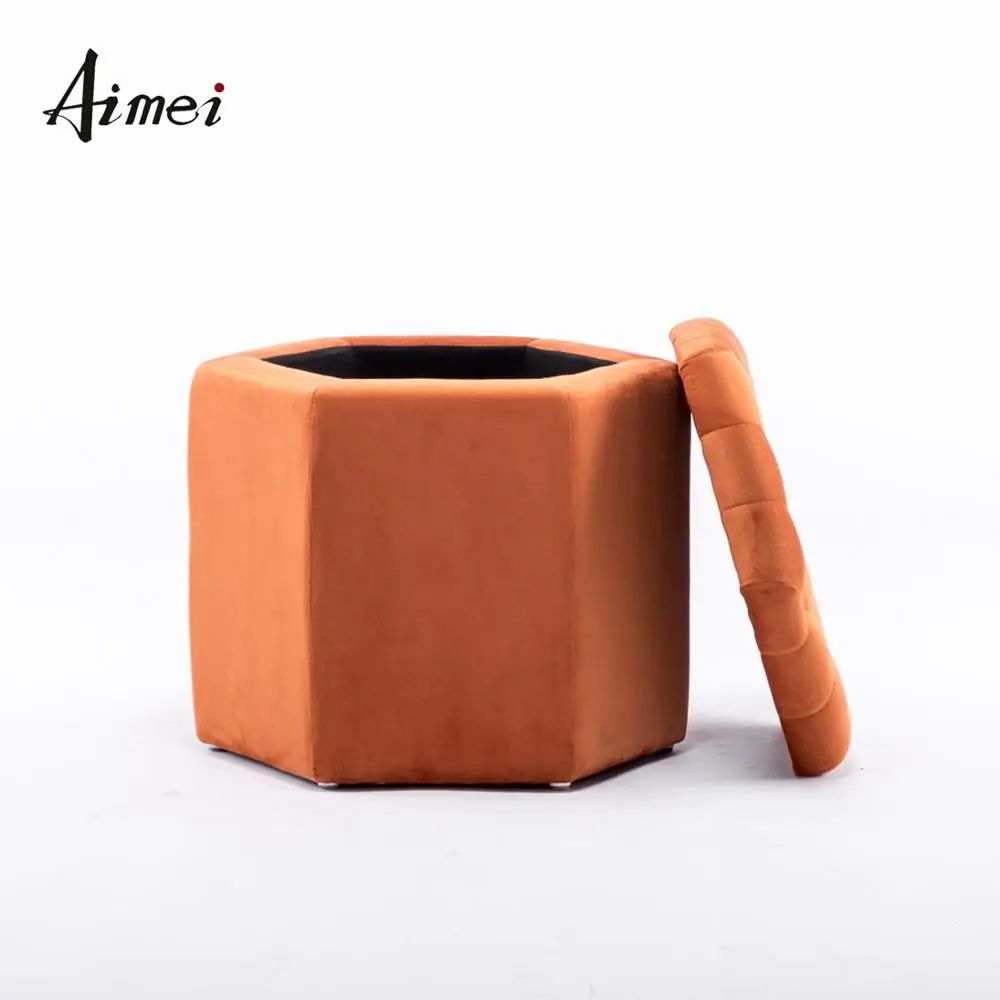 modern furniture wooden pouf box velvet fabric storage hexagon ottoman stool
