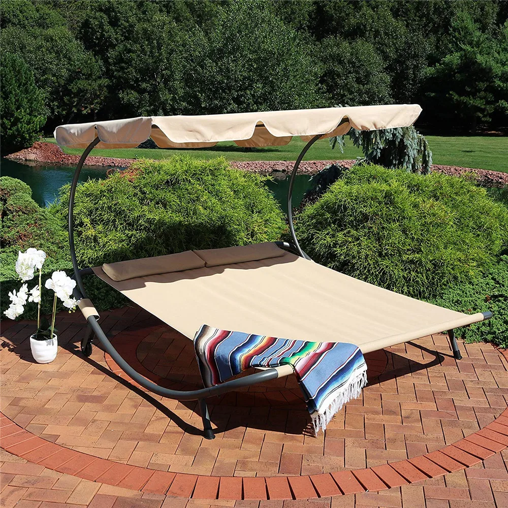 Outsunny Double Chaise Lounge Hammock Sunbed with Canopy Stand - Light Grey