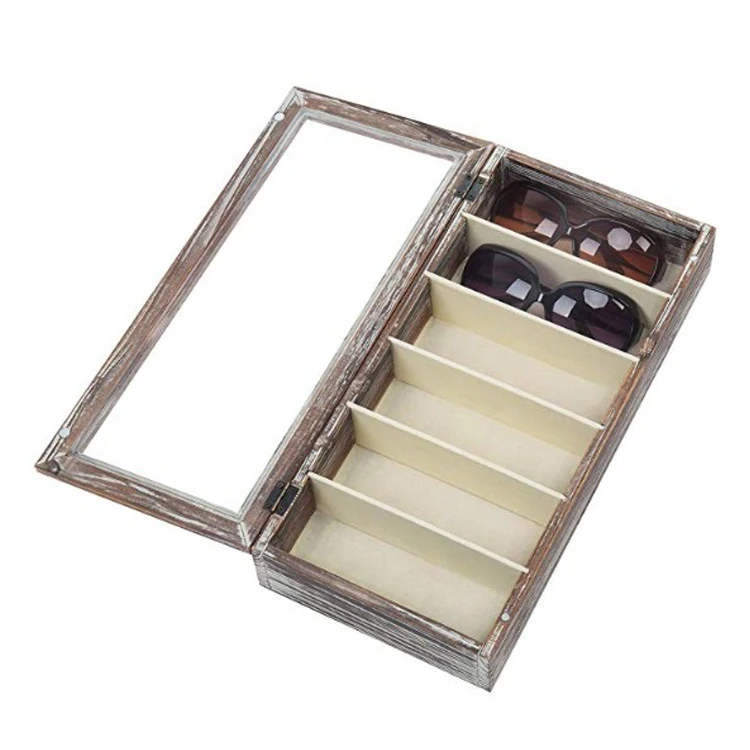 Torched Wood 6 Slot Sunglasses Eyewear Display Storage Wooden Organizer Box