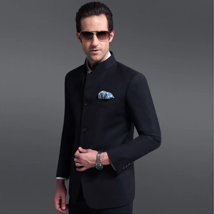 100% wool navy blue four buttons traditional chinese business suits for young men