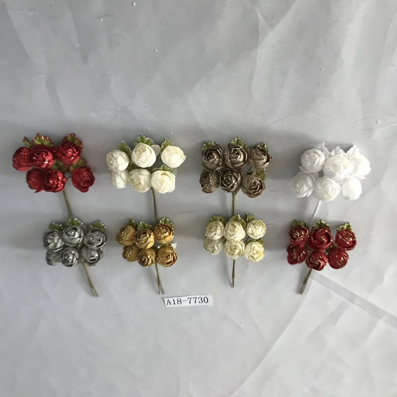6 pcs mini artificial glitter rose  flower for Christmas decoration