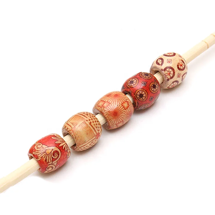 DIY Jewelry Accessories Fashion Printed Flower Large Hole Wood Beads Handmade Wooden Beads