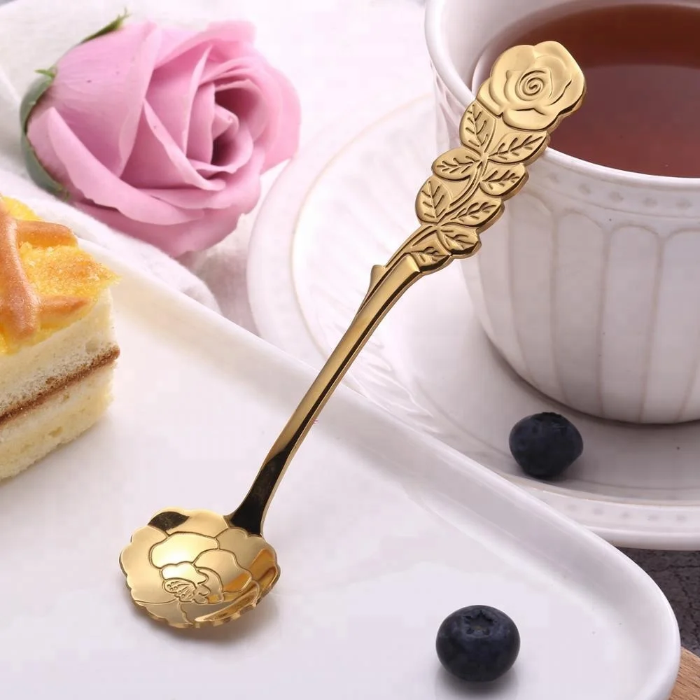 Long Handle Flowers Shaped Stirring Spoon Stainless Steel Gold Plated Coffee Spoon with Flower Shape