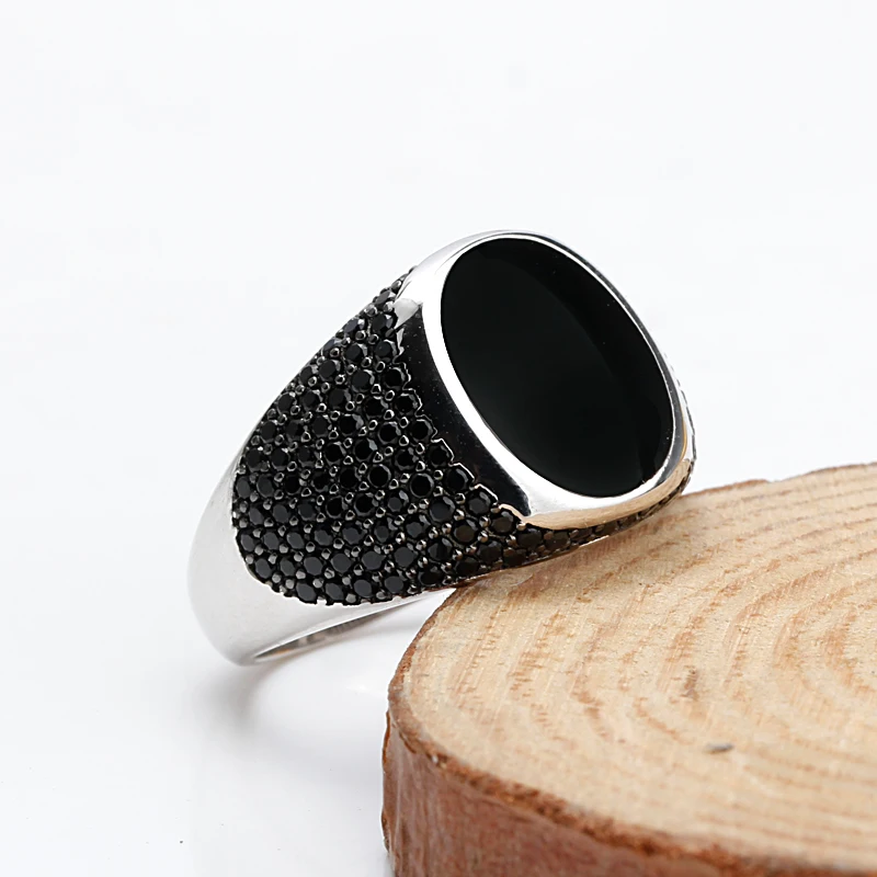 925 Sterling Silver Black Enamel Rings with Black Cubic Zirconia Stones Unique Vintage  Ring for Men