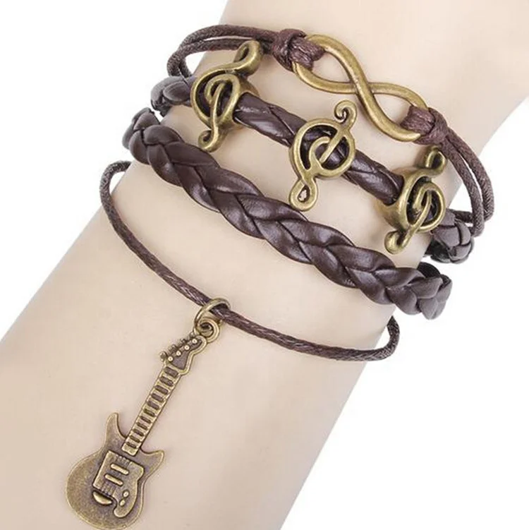 Musical Note Symbol Guitar Charms Leather Ropes Braided Multilayers Bracelets for men women