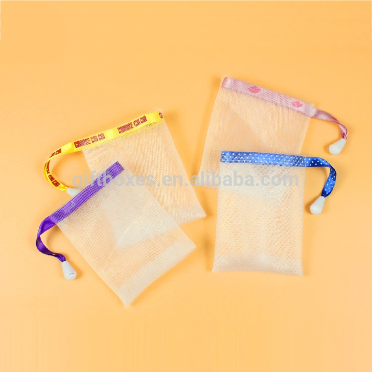 Custom Logo Ribbon Clean Bubble Bath Sponge Color Bag Mesh Foaming Pull Rope Soap Net accept OEM and ODM orders