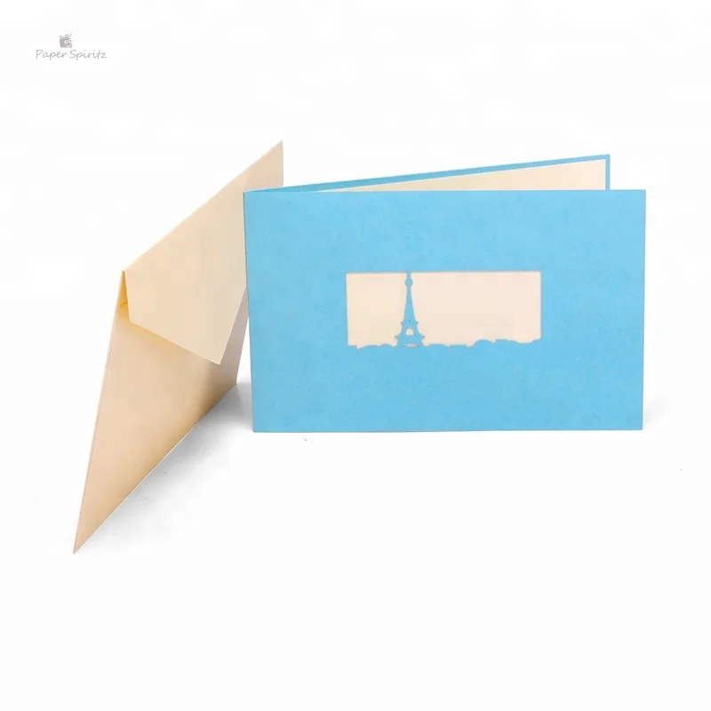 3D greeting card blue Eiffel Tower papercuting origami gift pop up cards