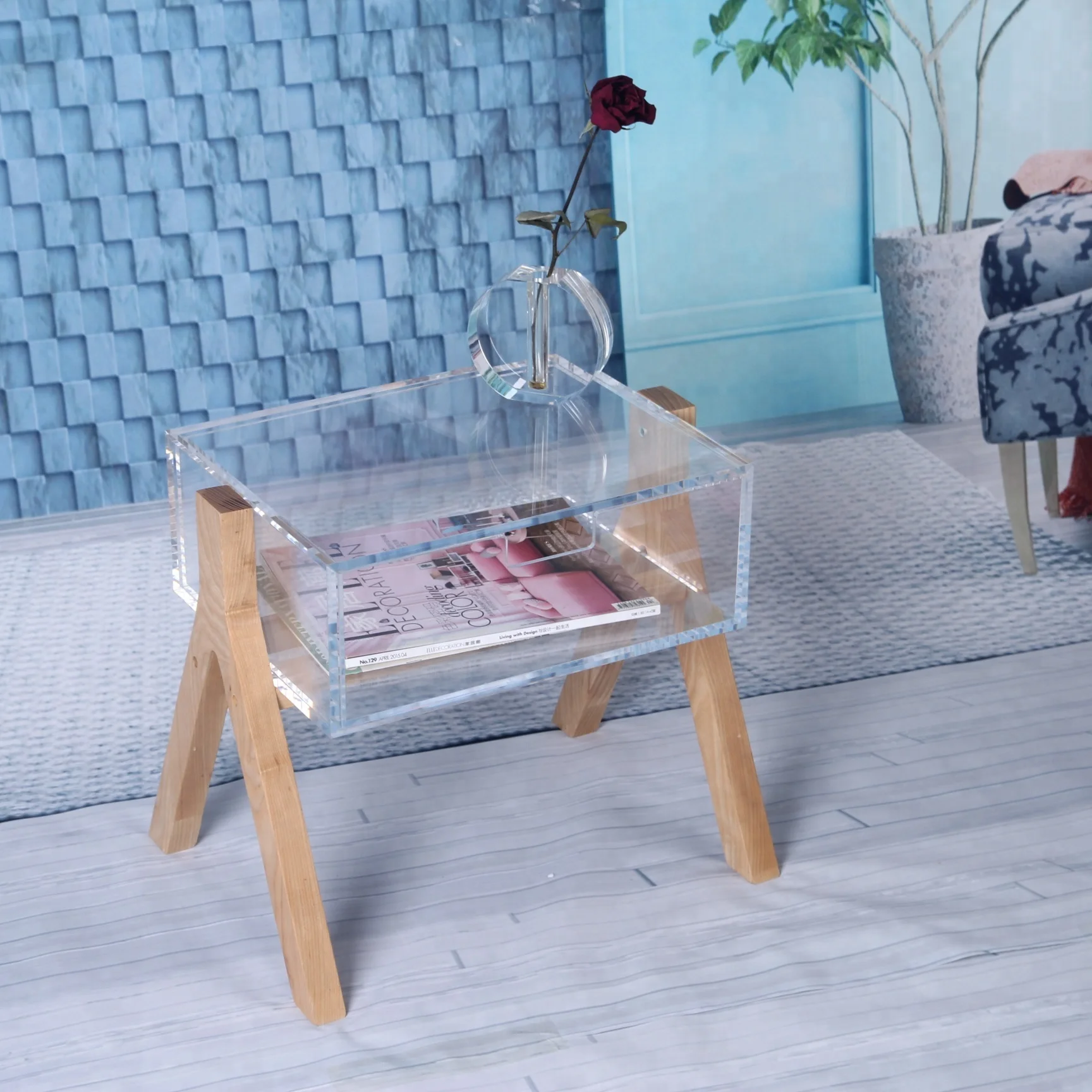 Wood Legs lucite chic design acrylic modern side table with drawer
