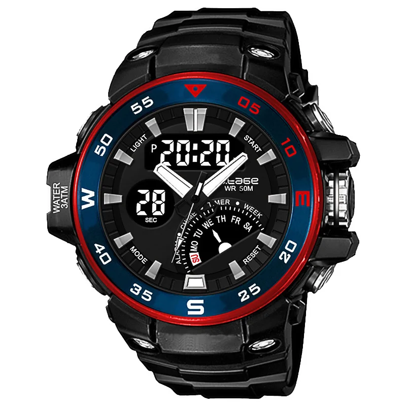Часы мужские спортивные с хронографом, водонепроницаемые электронные кварцевые в стиле милитари, из ТПУ, светодиодные, 5 атм