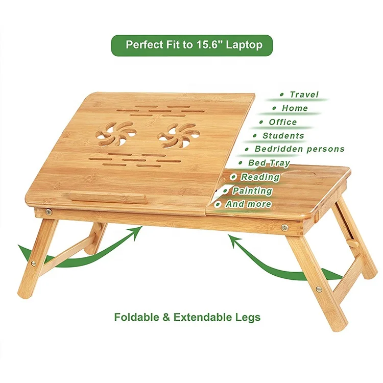 Bamboo Laptop Desk Adjustable Portable Breakfast Serving Bed Tray with Tilting Top Drawer