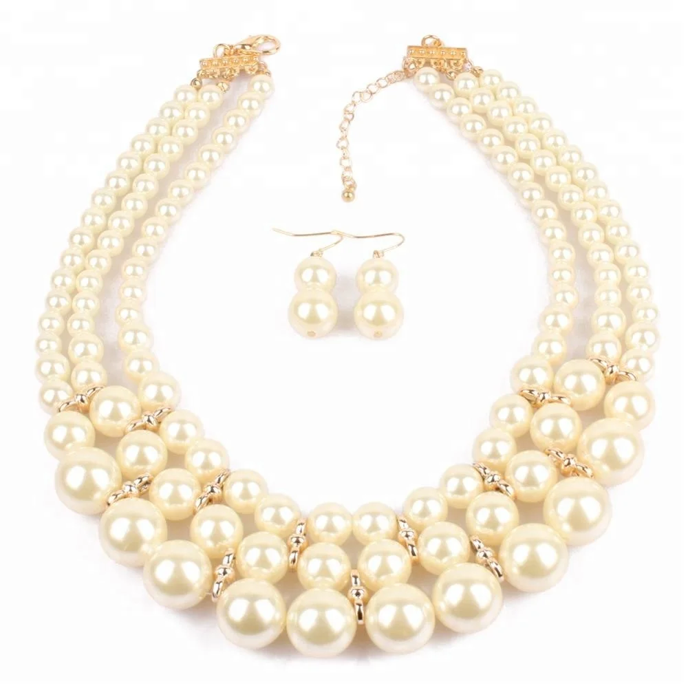 Fashion retro multi-layer pearl necklace earrings set African women exaggerated sweater chain