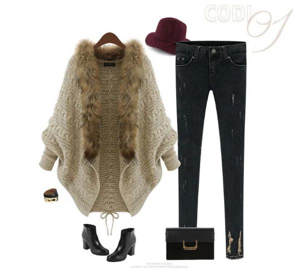 Wholesale Hot Sale Women Winter Fur Shawl Jacket Bat Sleeves Knitted Coat
