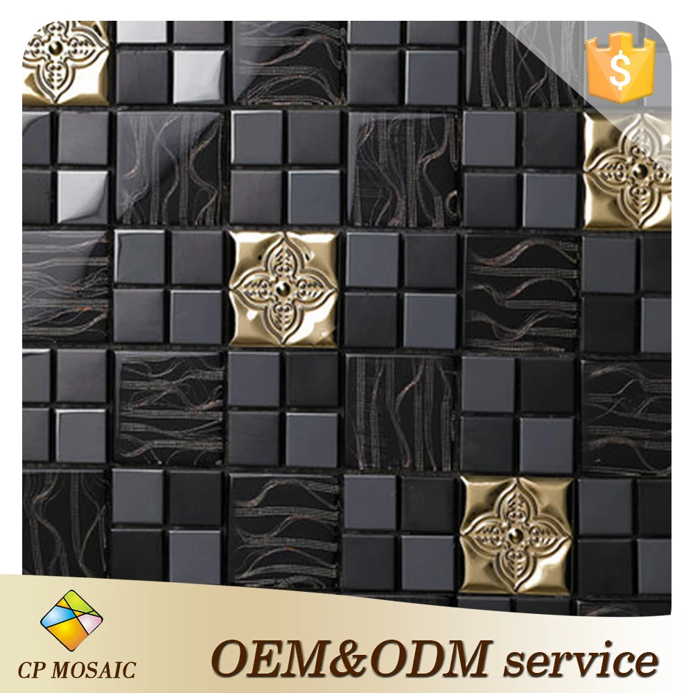 Luxury glass mosaic wall decoration golden flowers mixed metal pattern mosaic tile