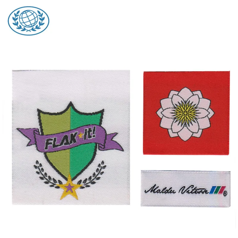 Custom Woven Label Flower Brand Name Logo Centerfold Machine Woven Damask Clothes Labels for Clothing Uniform Garments