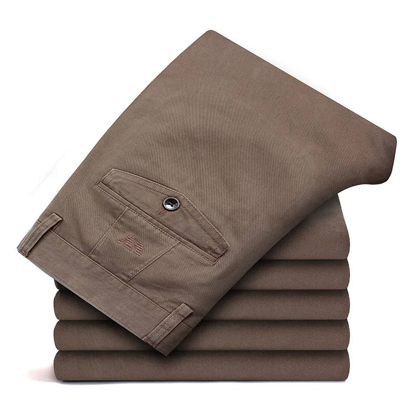 Брюки мужские деловые, модная одежда для папы, плотные брюки хаки, Стрейчевые Прямые повседневные штаны с карманами и складными пуговицами, большие размеры