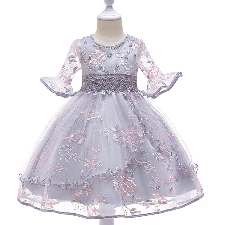 
Summer Embroidery Flower Girls Party Evening Dress Flare Sleeve Pink Gray Color Free Shipping 