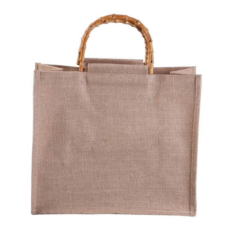 
New Fashion Jute Tote Bag Burlap Bag Women Shopping Bag with Bamboo handle 