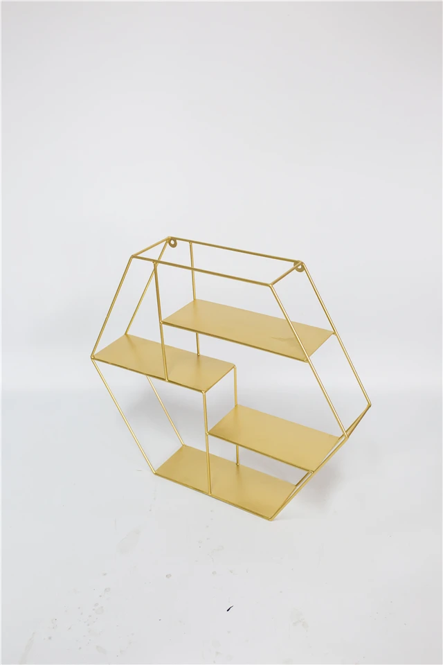 Newest Design Wood and Metal Hexagon Rack Metal Wall decorative Shelf with 4 Shelves for Living Room