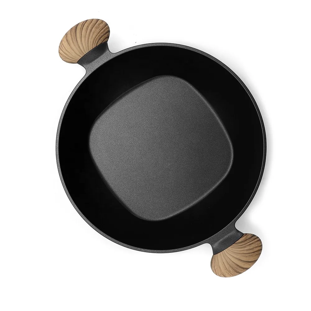 Aluminum die casting casserole with wood coating handle and black nonstick coating