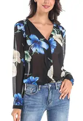 Hot Sale Fashion OEM Blouse Floral Printing Top Neckline Women Lady
