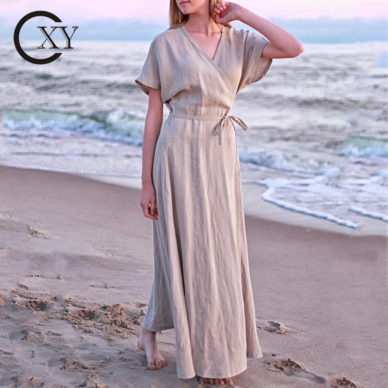 Custom Ladies Elegant Natural Linen Long Maxi Dress With Belt