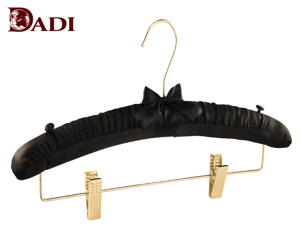 Colorful solid wood flocked Lingerie display satin clothes hanger with lovely bow tie flexible clothes hanger