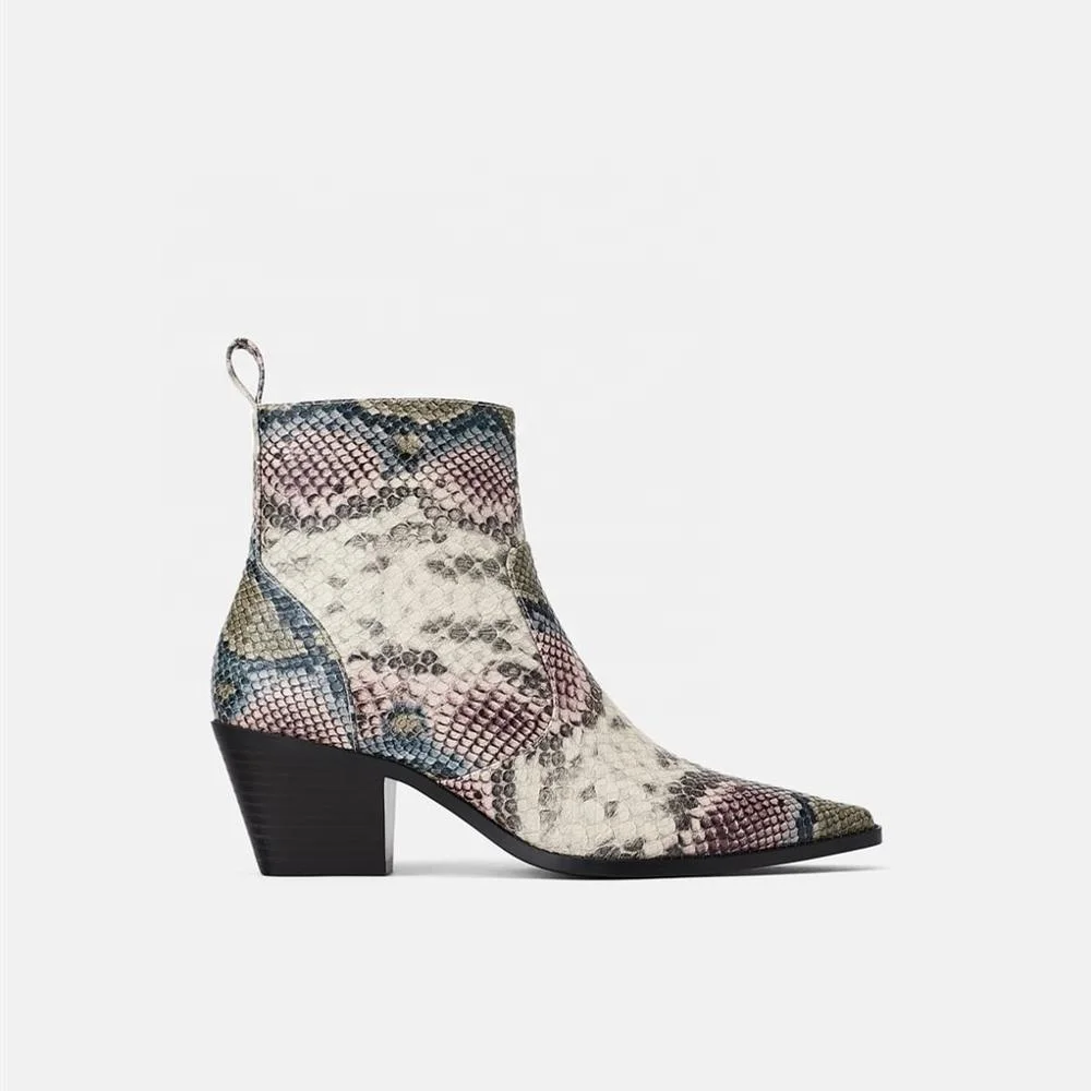 
MANRINO-0277 Girls 2019 Snake Skin Print Mixed Multi Color Cow Leather Material Women Low Heel Pointy Toe Ankle Boots For Lady 