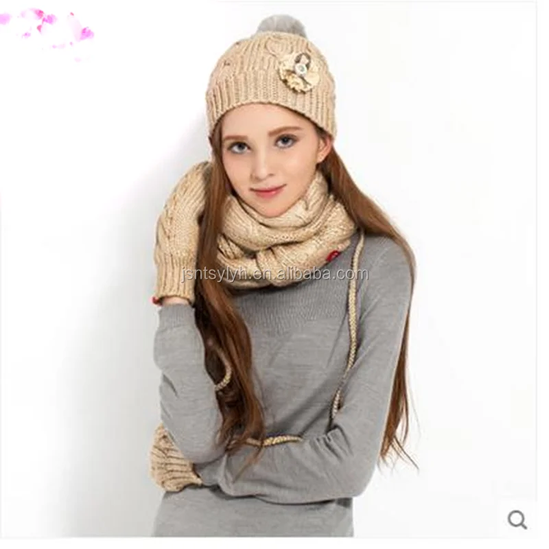 Simple classical special yarn flower knitted beanie & glove & scarf set