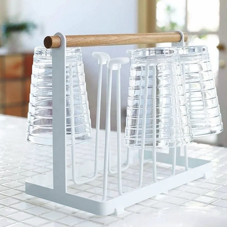 
Cup Drying Rack Stand for Counter Top & Cabinet Metal Mug Water Bottles Wine Glass Drainer Rack Holder with Wood Handle Kitchen 