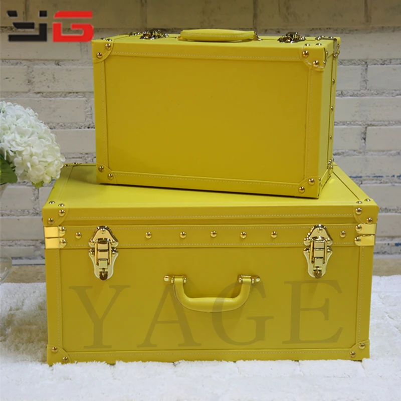 Decorative set of 3 yellow vintage faux leather wood classic suitcase