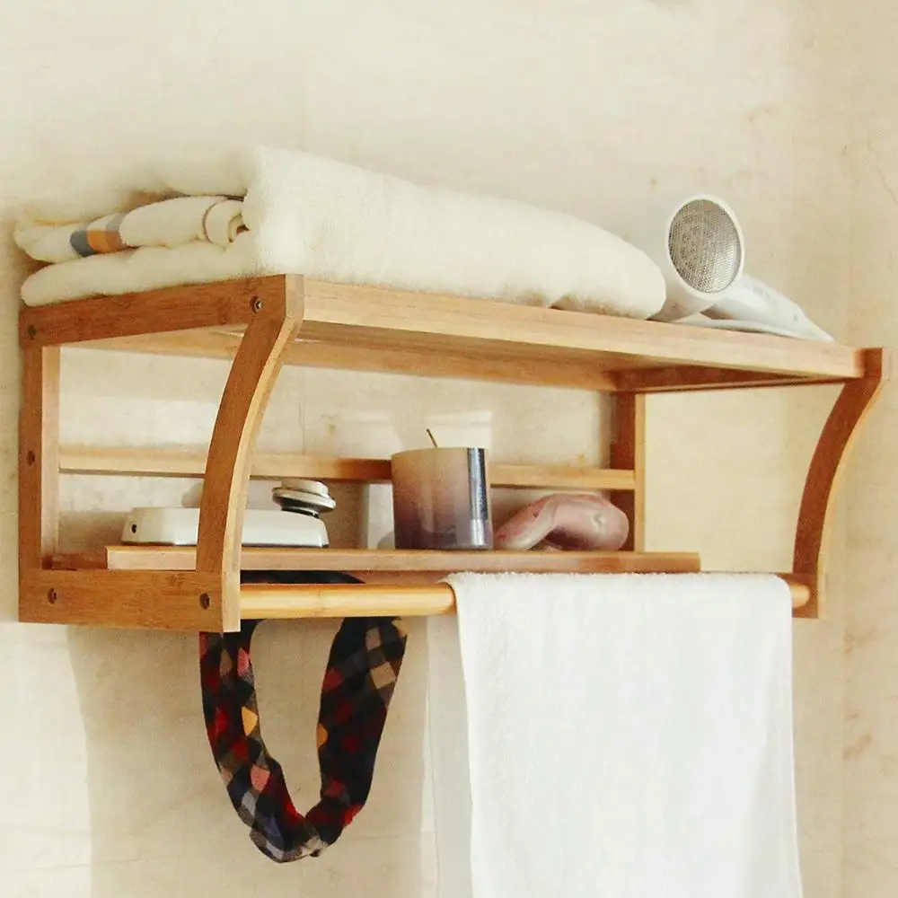 Bath Towel Rack Bar with Bamboo Shelf and Hooks for Bathroom Kitchen