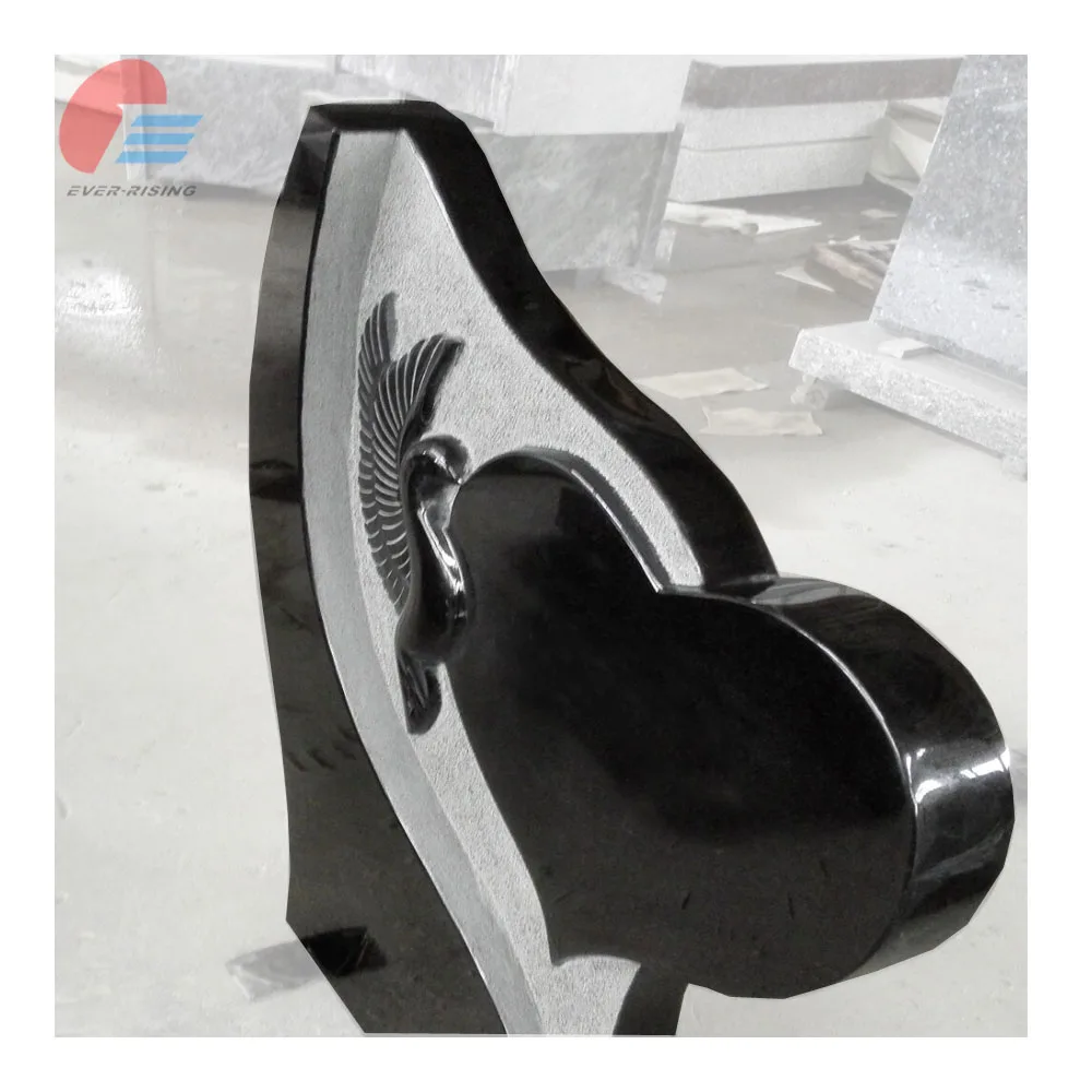 European Modern Black Granite Dove Heart Shaped Carved Tombstone