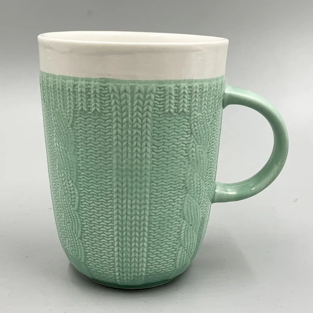 13OZ color glazed decorative ceramic emboss knit pattern mugs