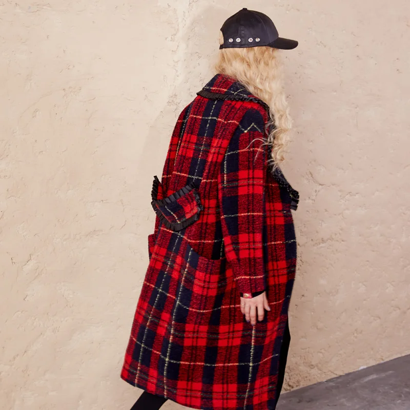 Maxnegio Long Woolen Coat Vintage Outdoor Jacket Lattice Women Fancy Overcoat