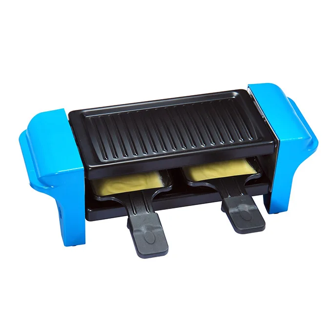 Electric raclette grill for 2 person use with nonstick plate or stone
