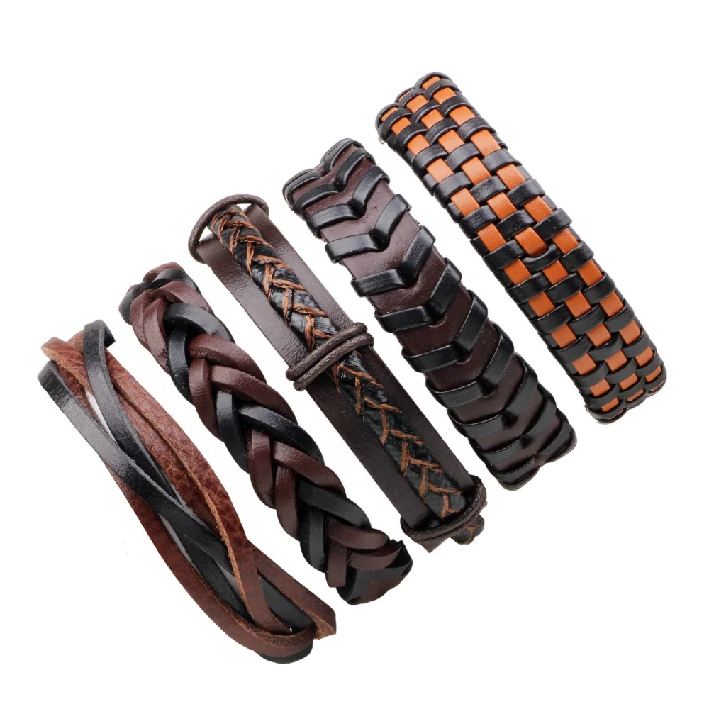 Vintage Stretch Wax Rope Braided Adjustable Mens 5 PCS Set Multilayer  Leather Bracelets & Bangles