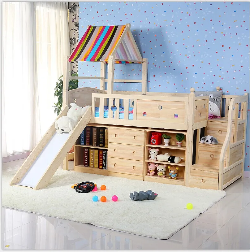 Latest Bedroom Furniture Wooden Kids Cartoon Slide Storage Bed Set Designs