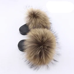 Cheap Price Jtfur Raccoon Fur Pom Pom Kid Sandal Slides For Women And Baby Kids With Fur