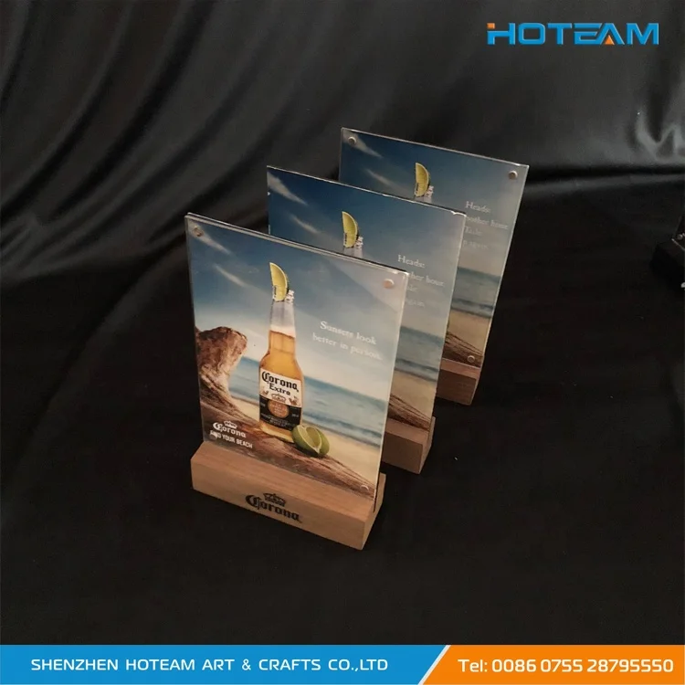 Cheap Corona Acrylic & Wood Magnet Table Talker Display Stand Menu Holder with Chalkboard