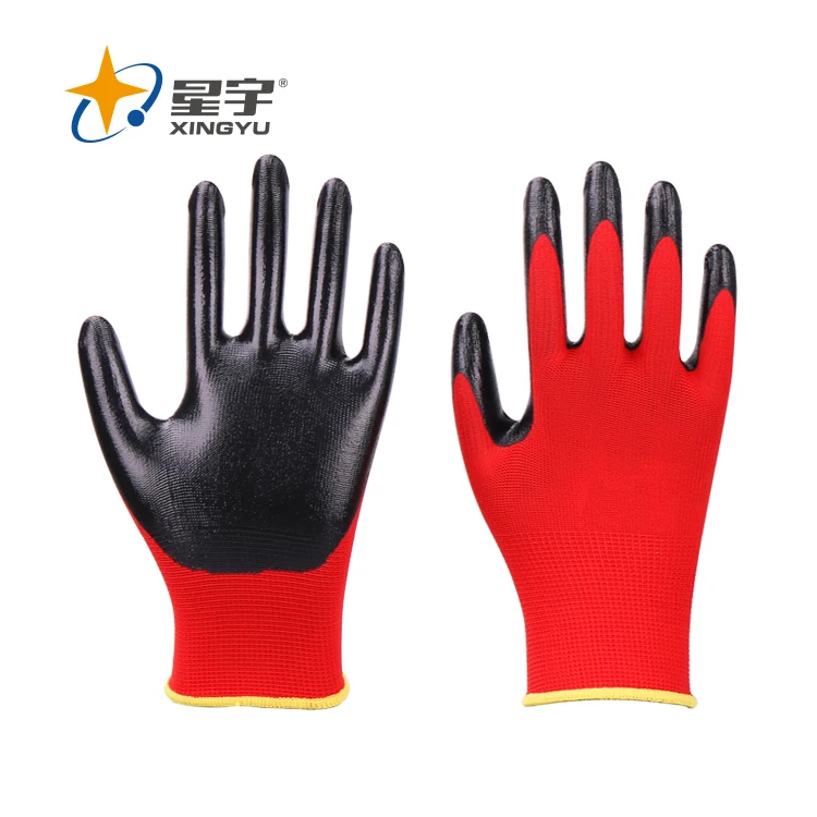 Work Gloves Xingyu Red Polyester Shell Black Nitrile Smooth Coating Work Safety Gloves Mens Gloves