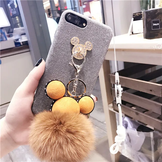 Luxury Diamond Plush Cartoon Mouse Rabbit Fur Ball Tassel Soft Tpu Case with Lanyard for Iphone7/7plus/6/6plus